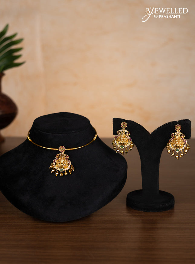 Antique ring type choker lakshmi pendant with kemp & cz stones and golden beads hangings