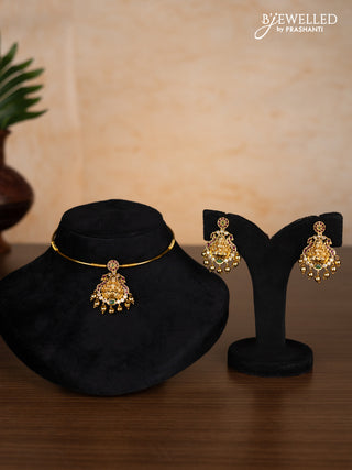 Antique ring type choker lakshmi pendant with kemp & cz stones and golden beads hangings