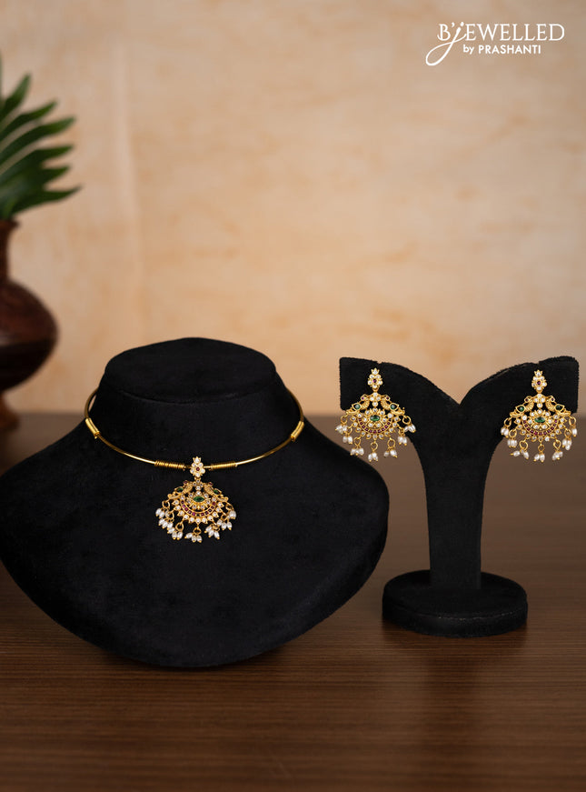 Antique ring type choker peacock design with kemp & cz stones and pearl hangings
