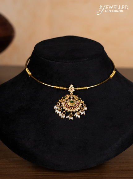 Antique ring type choker peacock design with kemp & cz stones and pearl hangings