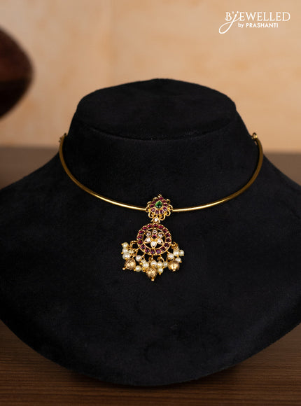 Antique ring type choker with kemp & cz stones and pearl & golden beads hangings