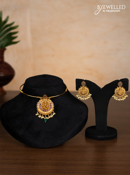 Antique ring type choker lakshmi pendant with kemp & cz stones and pearl hangings