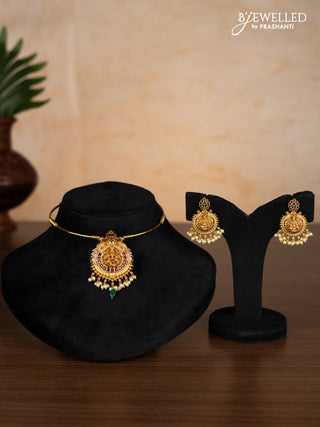 Antique ring type choker lakshmi pendant with kemp & cz stones and pearl hangings