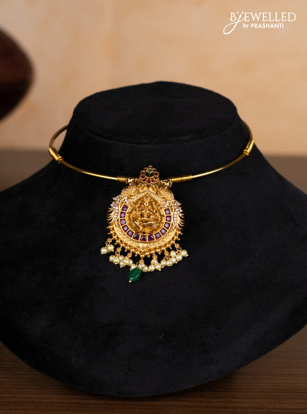 Antique ring type choker lakshmi pendant with kemp & cz stones and pearl hangings