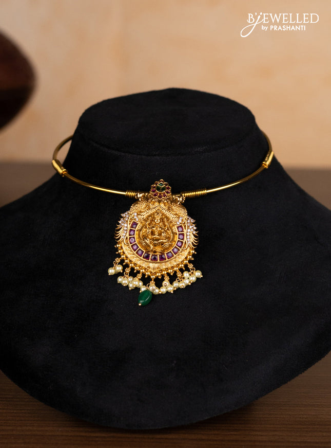 Antique ring type choker lakshmi pendant with kemp & cz stones and pearl hangings