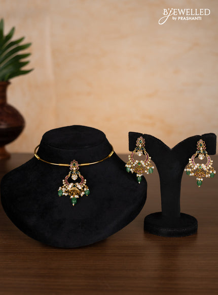 Antique ring type choker with kemp & kundan stones and pearl & mint green beads hangings