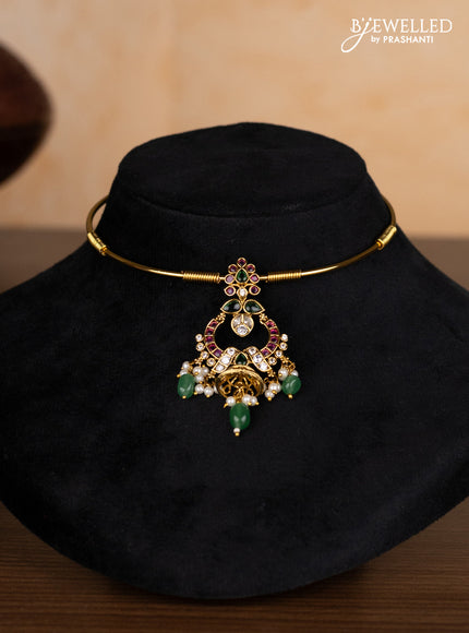 Antique ring type choker with kemp & kundan stones and pearl & mint green beads hangings