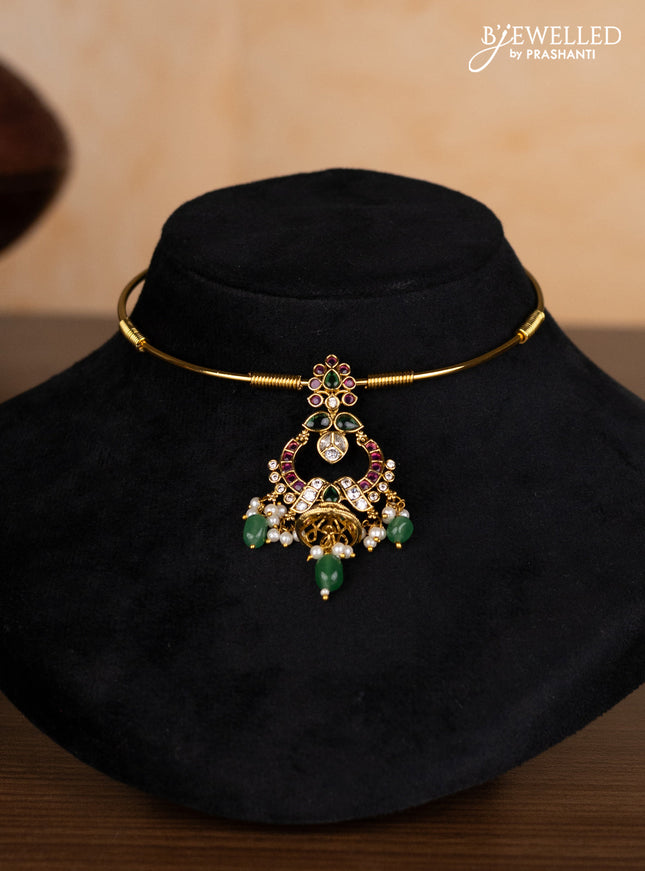 Antique ring type choker with kemp & kundan stones and pearl & mint green beads hangings