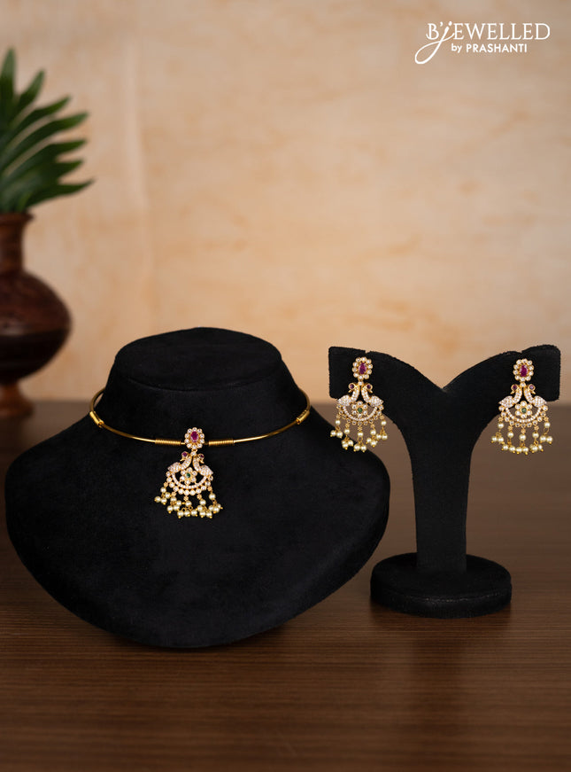 Antique ring type choker peacock design with kemp & cz stones and pearl hangings