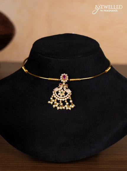 Antique ring type choker peacock design with kemp & cz stones and pearl hangings