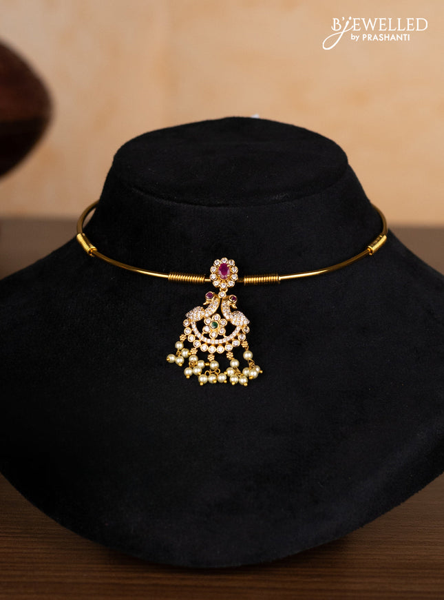 Antique ring type choker peacock design with kemp & cz stones and pearl hangings