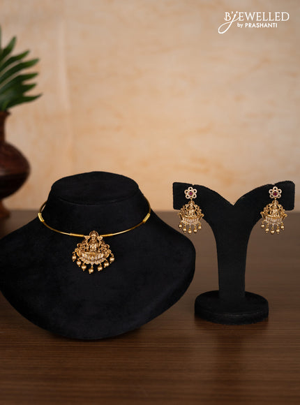 Antique ring type choker lakshmi pendant with ruby & cz stones and golden beads hangings