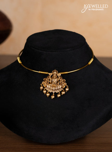 Antique ring type choker lakshmi pendant with ruby & cz stones and golden beads hangings