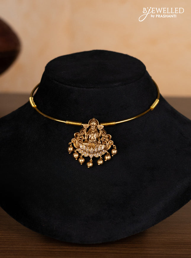 Antique ring type choker lakshmi pendant with ruby & cz stones and golden beads hangings