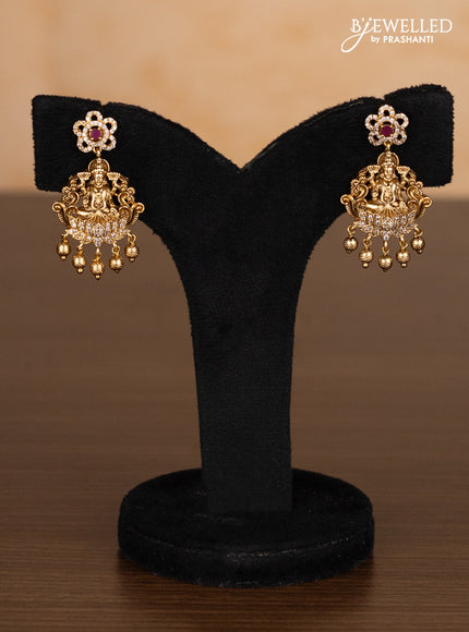 Antique ring type choker lakshmi pendant with ruby & cz stones and golden beads hangings