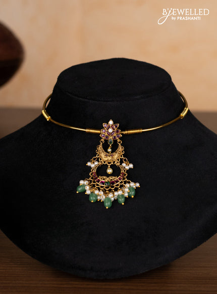 Antique ring type choker with kemp & cz stones and pearl & mint green beads hangings