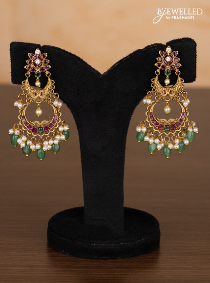 Antique ring type choker with kemp & cz stones and pearl & mint green beads hangings
