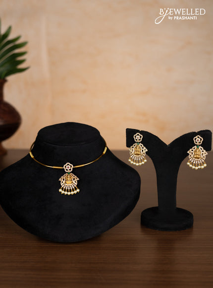 Antique ring type choker lakshmi pendant with kemp & cz stones and pearl hangings