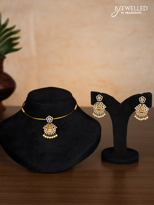 Antique ring type choker lakshmi pendant with kemp & cz stones and pearl hangings