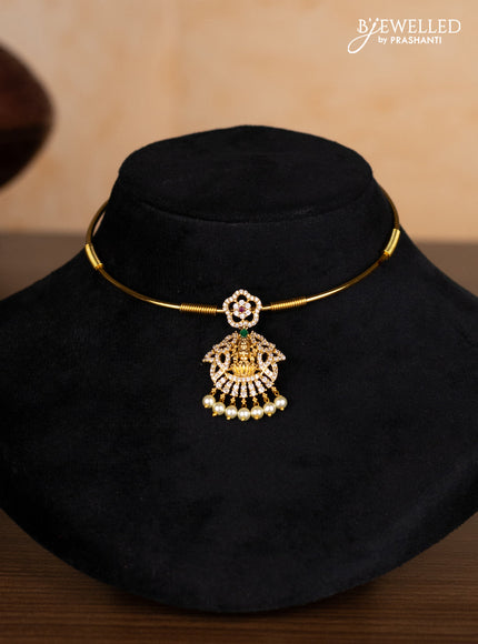 Antique ring type choker lakshmi pendant with kemp & cz stones and pearl hangings