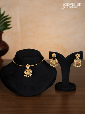 Antique ring type choker lakshmi design with kemp & cz stones and pearl hangings