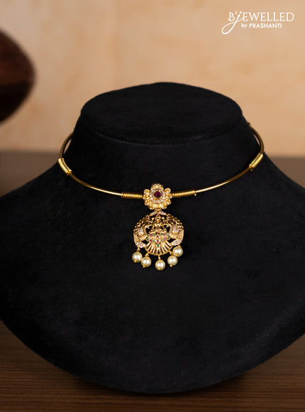 Antique ring type choker lakshmi design with kemp & cz stones and pearl hangings