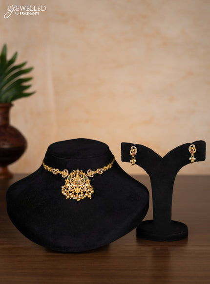Antique choker lakshmi design with kemp & cz stones and pearl & golden beads hangings