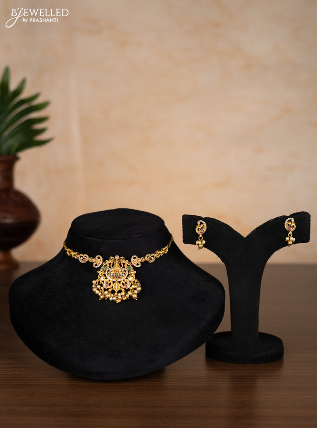 Antique choker lakshmi design with kemp & cz stones and pearl & golden beads hangings