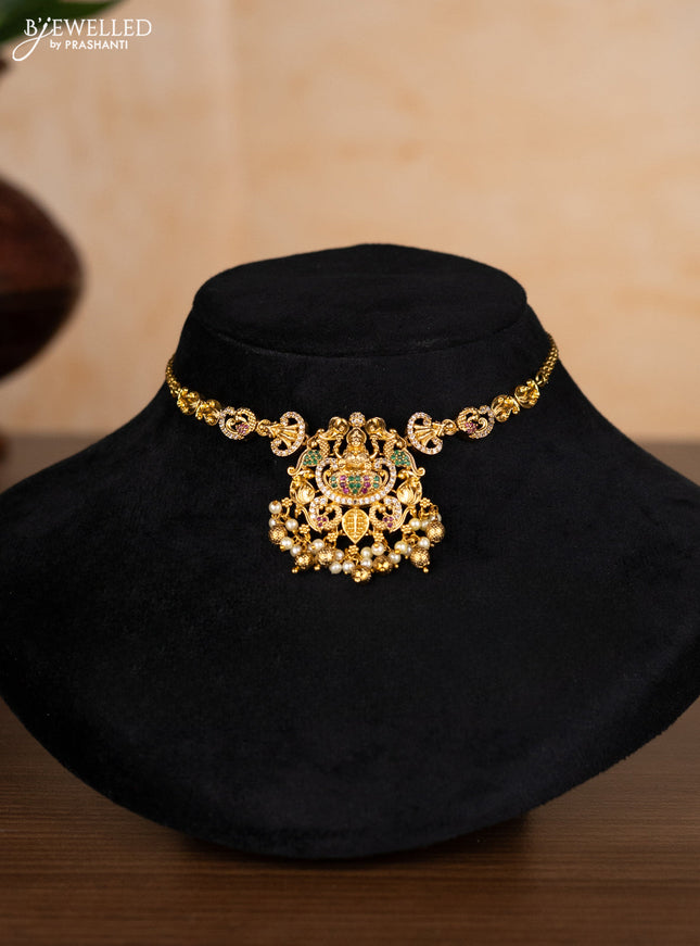 Antique choker lakshmi design with kemp & cz stones and pearl & golden beads hangings