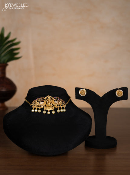 Antique choker peacock & lakshmi design with kemp & cz stones and pearl hangings