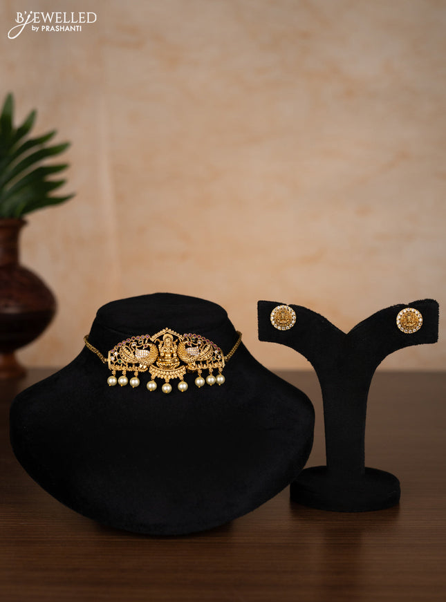 Antique choker peacock & lakshmi design with kemp & cz stones and pearl hangings