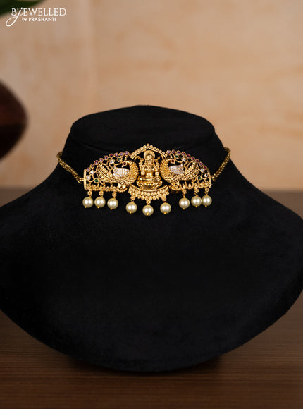 Antique choker peacock & lakshmi design with kemp & cz stones and pearl hangings