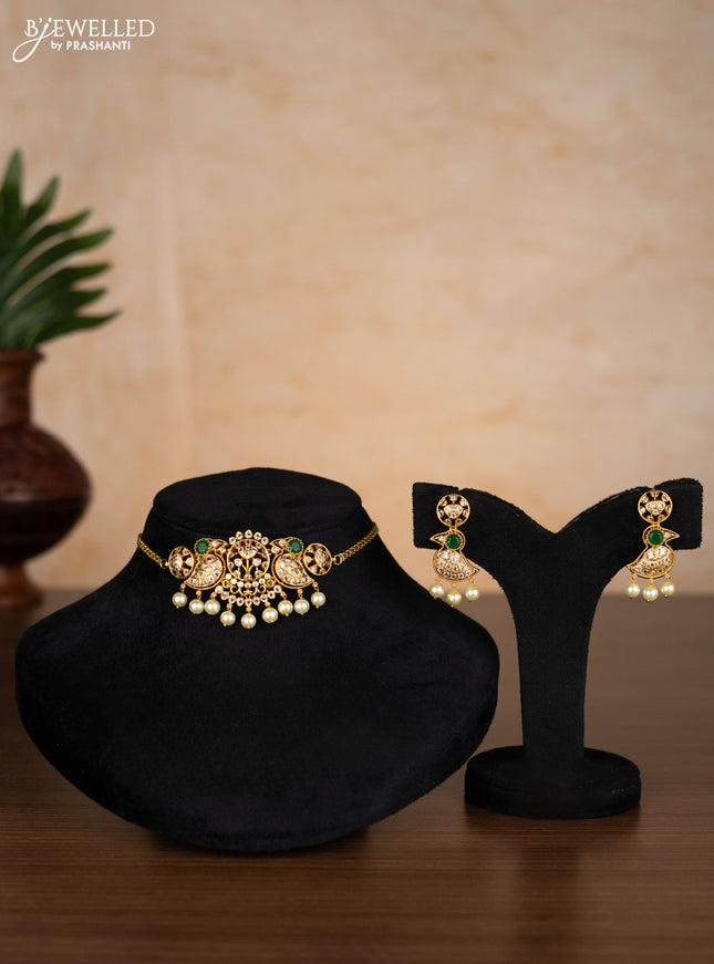 Antique choker bird design with emerald & cz stones and pearl hangings