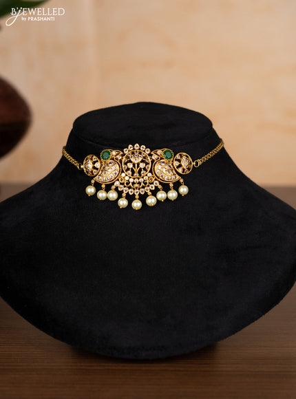 Antique choker bird design with emerald & cz stones and pearl hangings