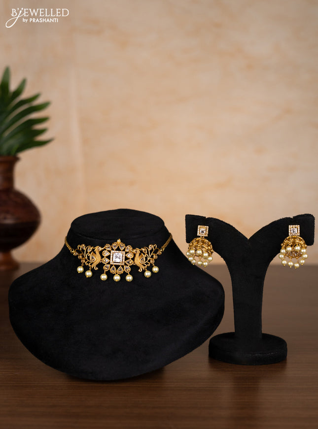 Antique choker lakshmi design with cz stones and pearl hangings