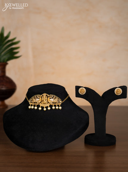 Antique choker peacock & lakshmi design with emerald & cz stones and pearl hangings
