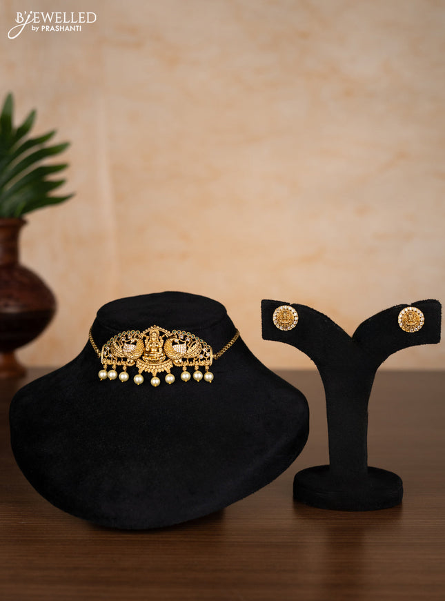 Antique choker peacock & lakshmi design with emerald & cz stones and pearl hangings