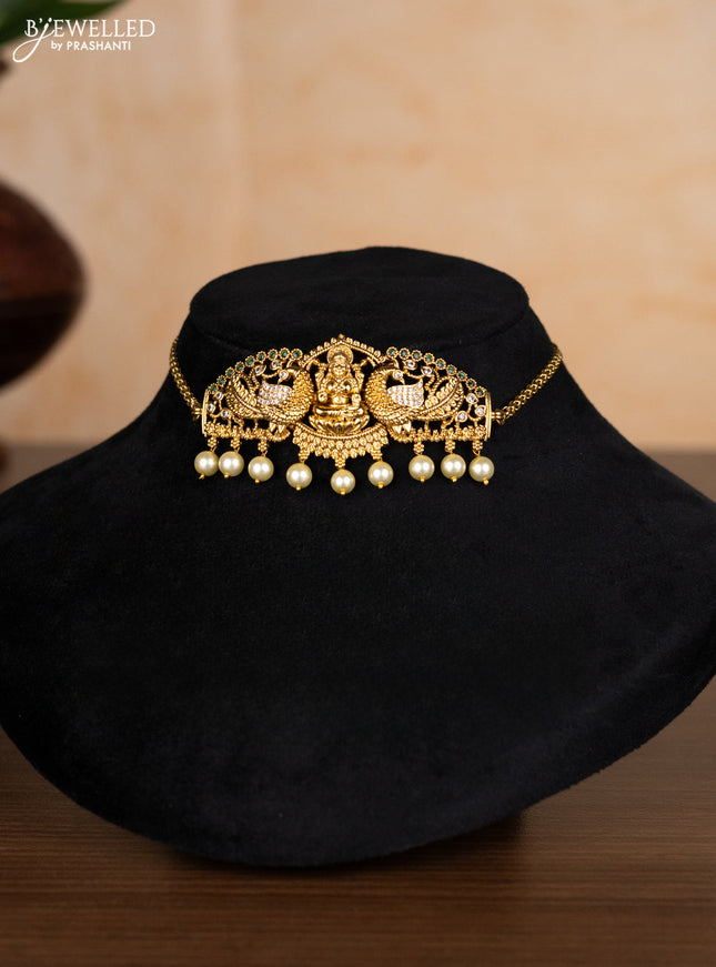 Antique choker peacock & lakshmi design with emerald & cz stones and pearl hangings