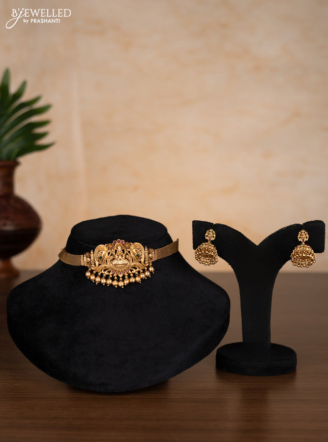 Antique choker lakshmi design with kemp stones and golden beads hangings