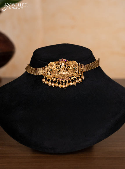 Antique choker lakshmi design with kemp stones and golden beads hangings