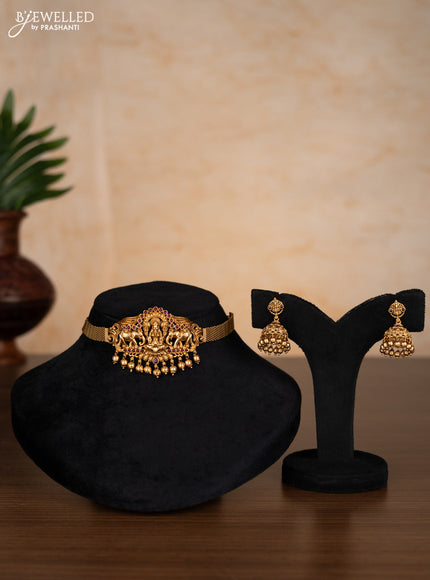 Antique choker lakshmi & elephant design with ruby stones and golden beads hangings