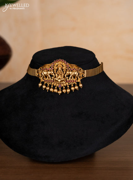 Antique choker lakshmi & elephant design with ruby stones and golden beads hangings
