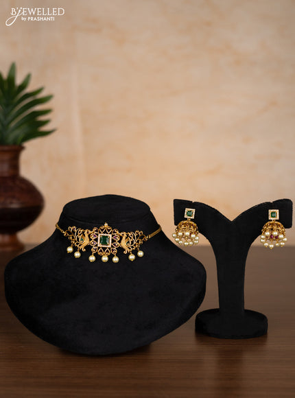 Antique choker peacock design with kemp & cz stones and pearl hangings