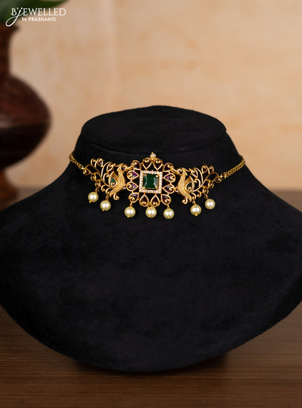 Antique choker peacock design with kemp & cz stones and pearl hangings