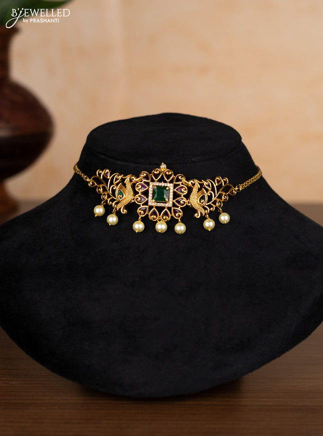 Antique choker peacock design with kemp & cz stones and pearl hangings