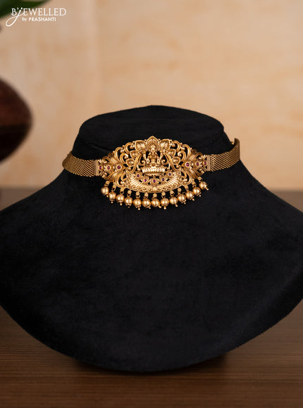 Antique choker lakshmi design with ruby stones and golden beads hangings