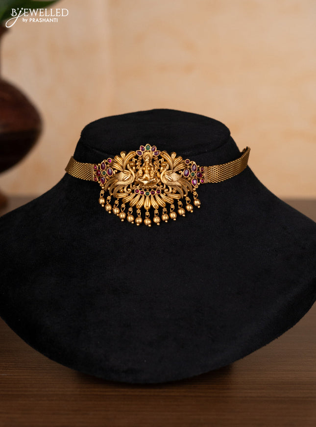 Antique choker lakshmi design with kemp stones and golden beads hangings