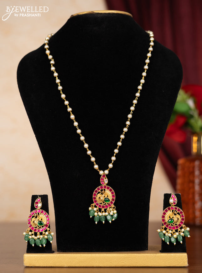 Pearl necklace peacock design with kemp jadau kundan stones and pearl & mint green beads hangings