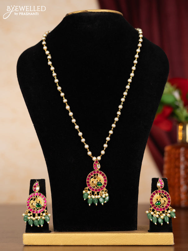 Pearl necklace peacock design with kemp jadau kundan stones and pearl & mint green beads hangings