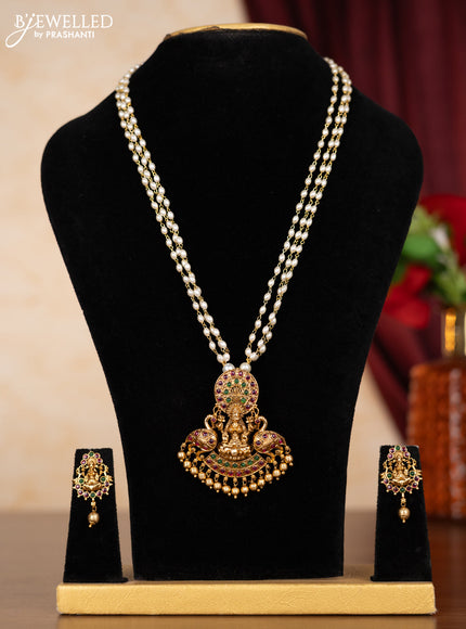 Pearl necklace lakshmi pendant with kemp stones and golden beads hangings